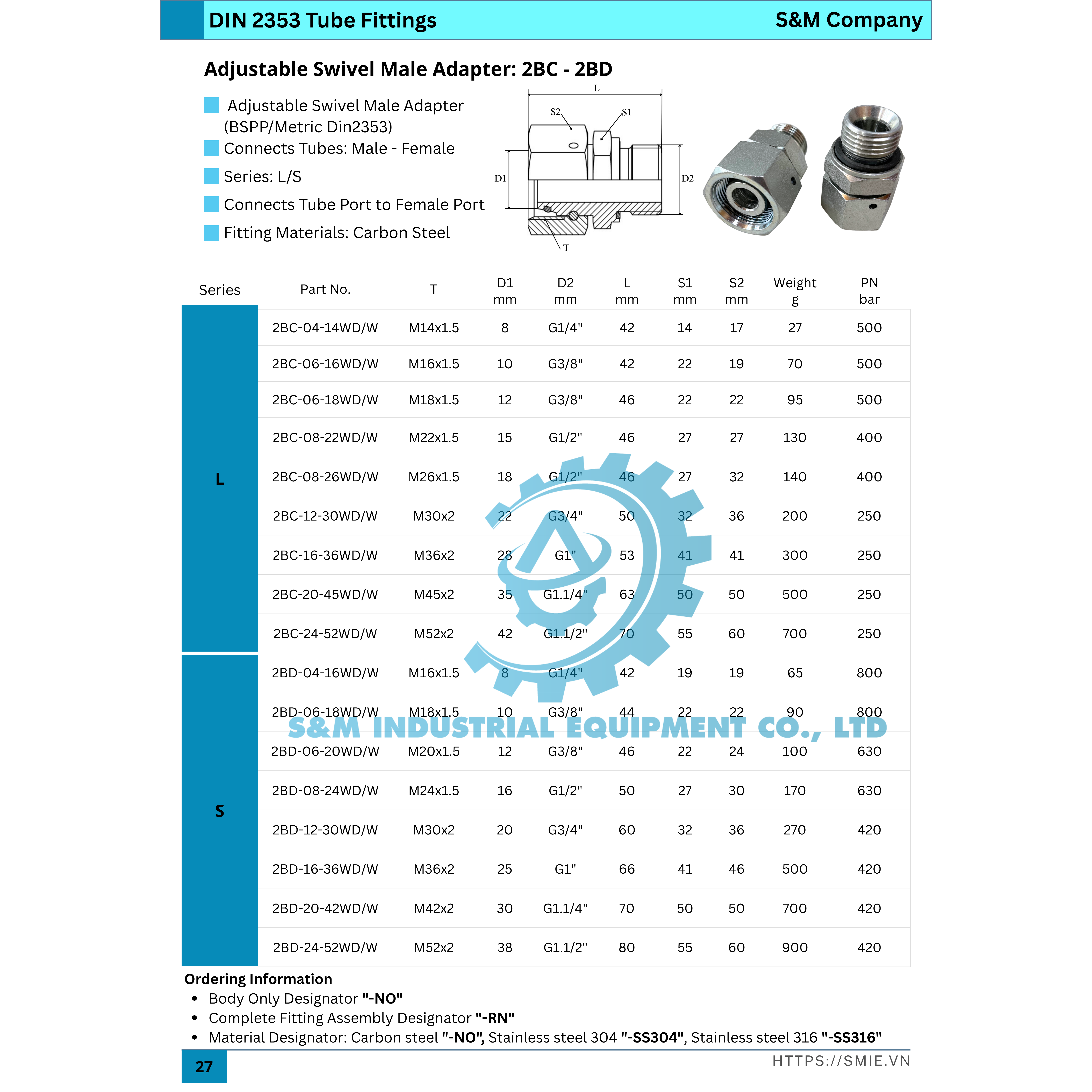Nối thẳng 1 đầu xoay - 1 đầu ren ngoài BSPP - 2